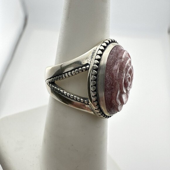 Carolyn Pollack Ring Pink Rose Floral Flower Rhodonite Carved 6 Sterling Silver - Picture 4 of 9